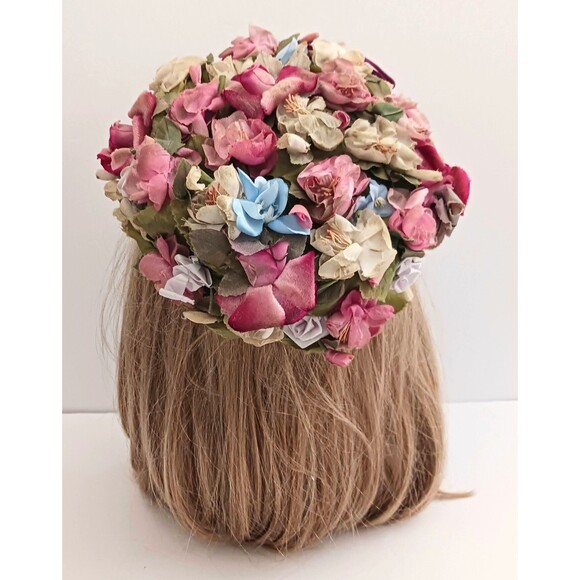 VTG Marche Floral Pillbox Hat Multi Overall 3D Flowers 50-60s Union Made USA - Picture 4 of 9